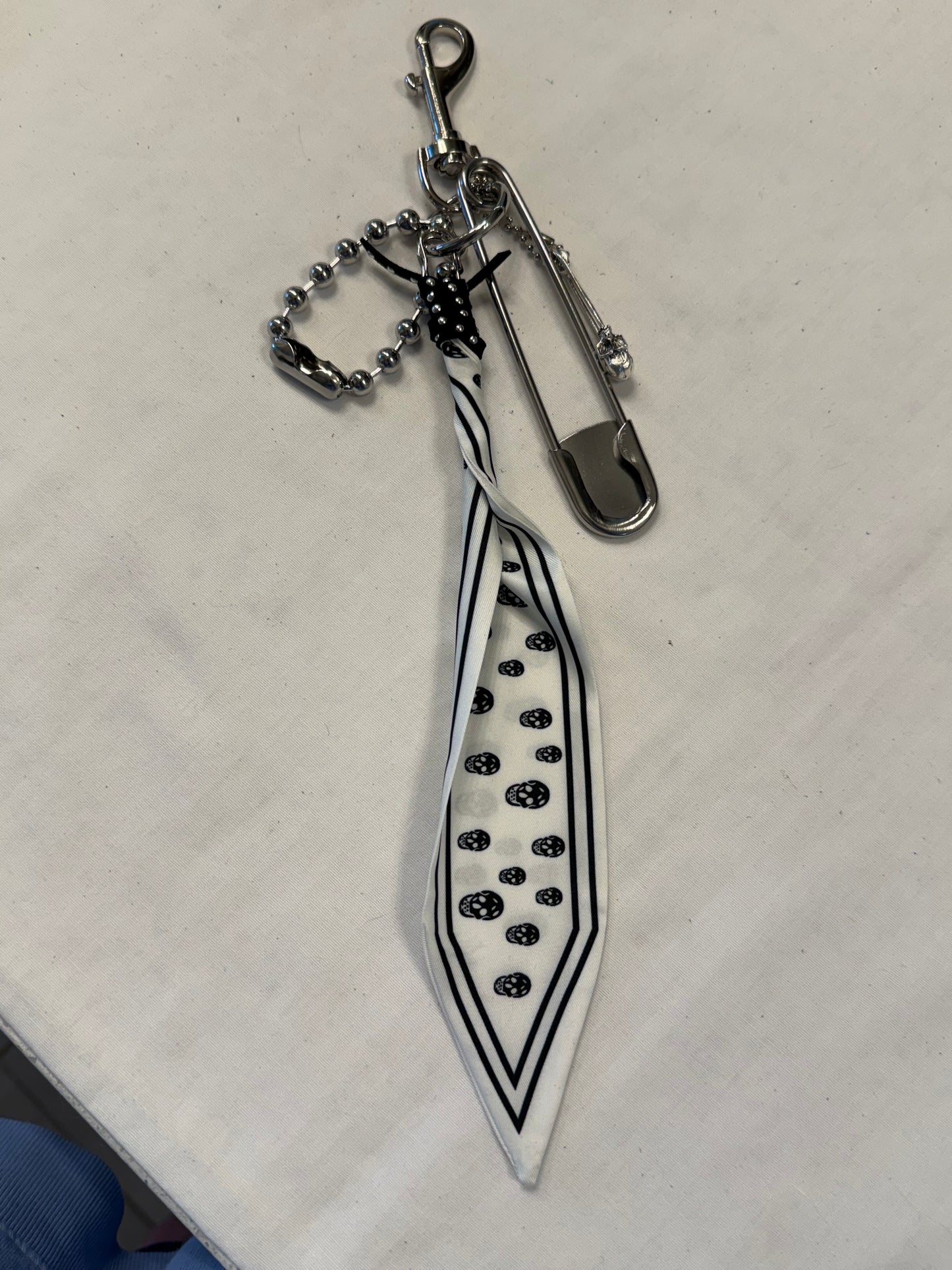 Black & White Skull Scarf Bag Charm Cluster with Large Ball Chain, Safety Pink and Skull Charm