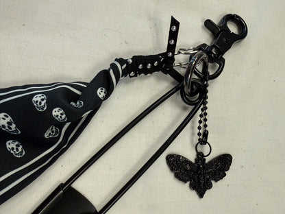 Bag Charm Cluster on Black Hardware with a Skull Scarf, XL Black Safety Pin, and Skull Moth Charm