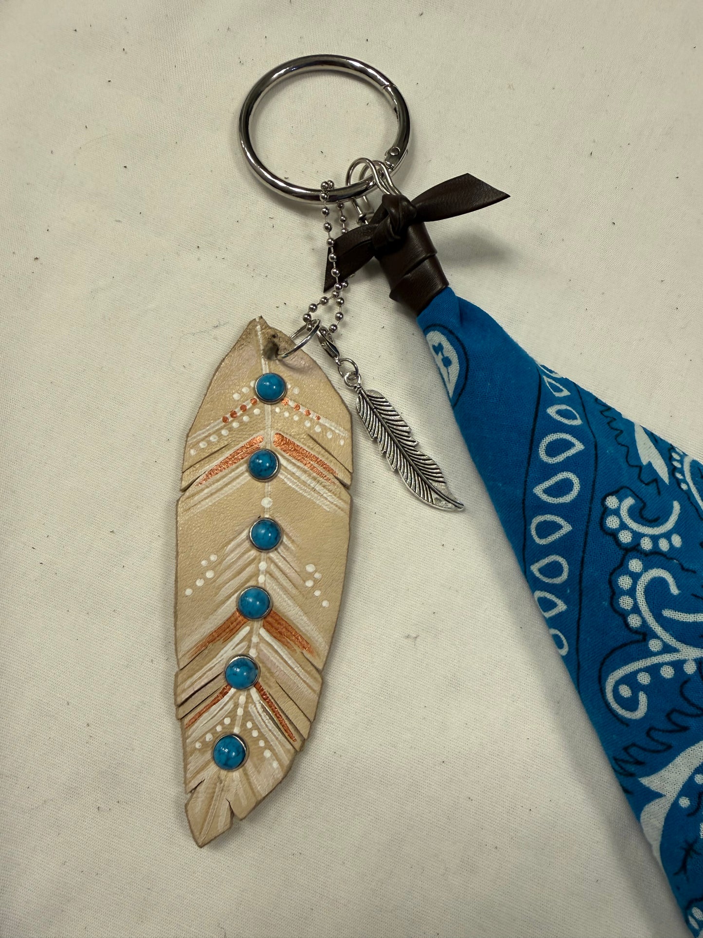 Repurposed Free People Feather & Turquoise Bandana Bag Charm Cluster
