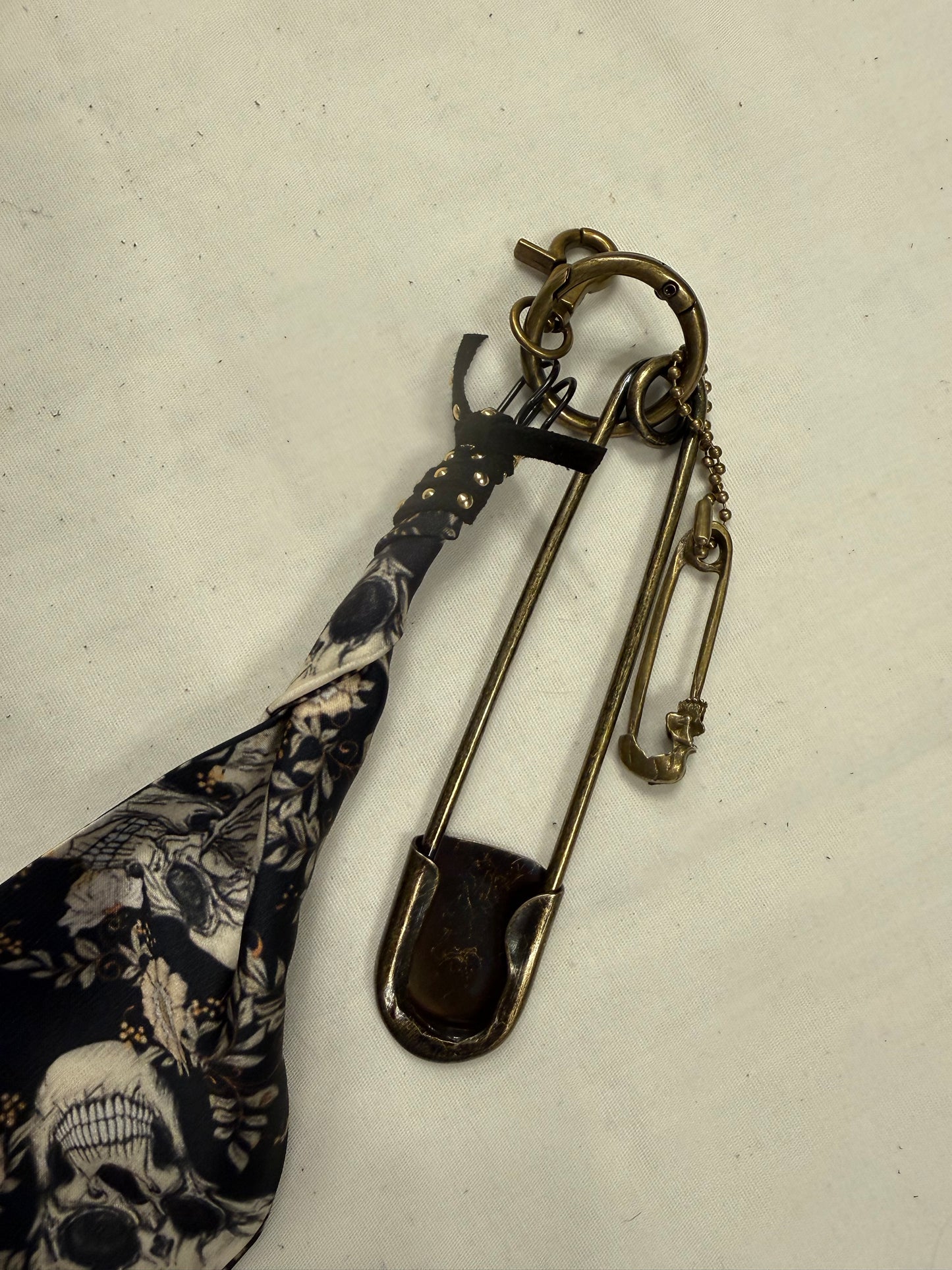 Skull Scarf Bag Charm Cluster with Antique Brass Hardware