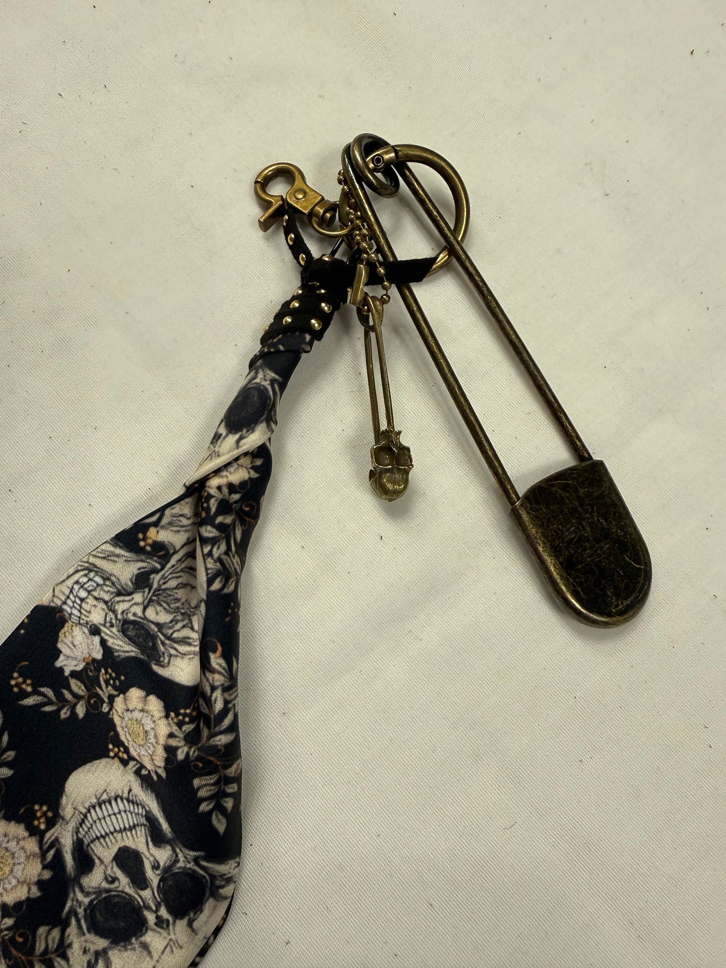 Skull Scarf Bag Charm Cluster with Antique Brass Hardware