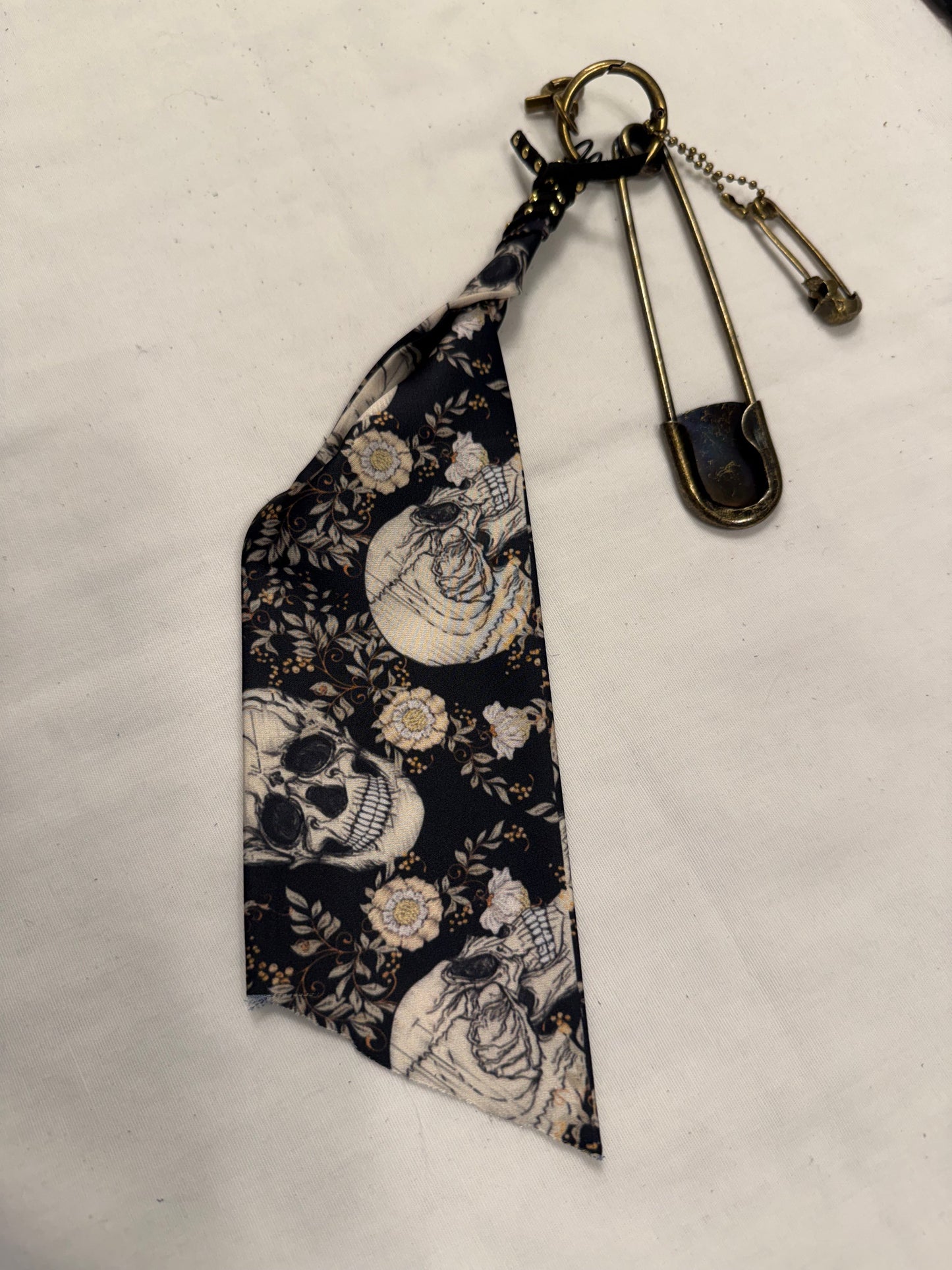 Skull Scarf Bag Charm Cluster with Antique Brass Hardware