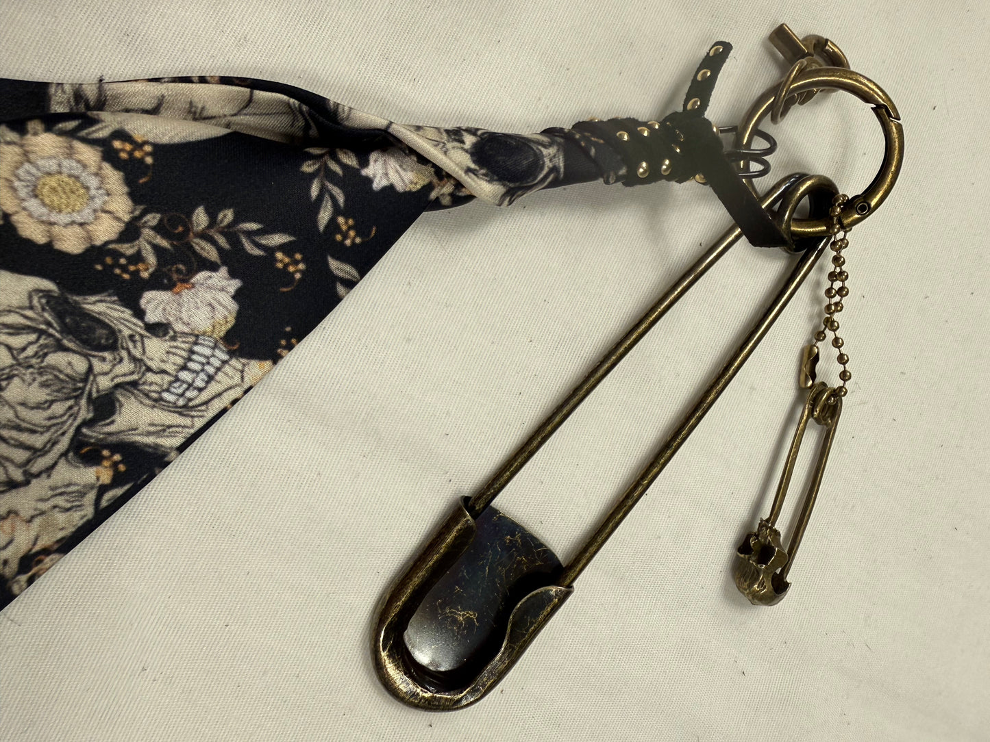 Skull Scarf Bag Charm Cluster with Antique Brass Hardware