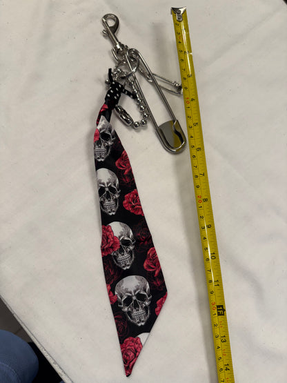 Skull & Pink Floral Scarf Bag Charm Cluster with Large Ball Chain