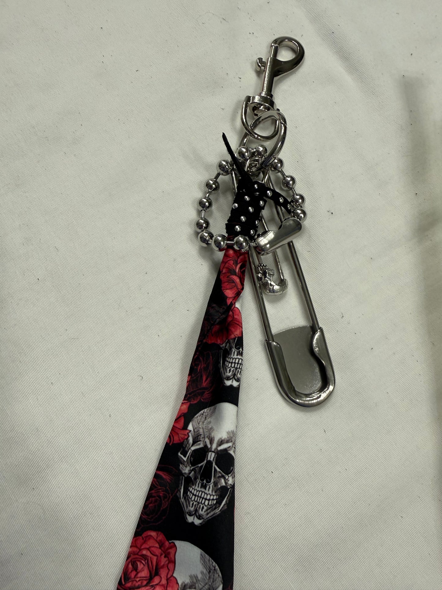 Skull & Pink Floral Scarf Bag Charm Cluster with Large Ball Chain