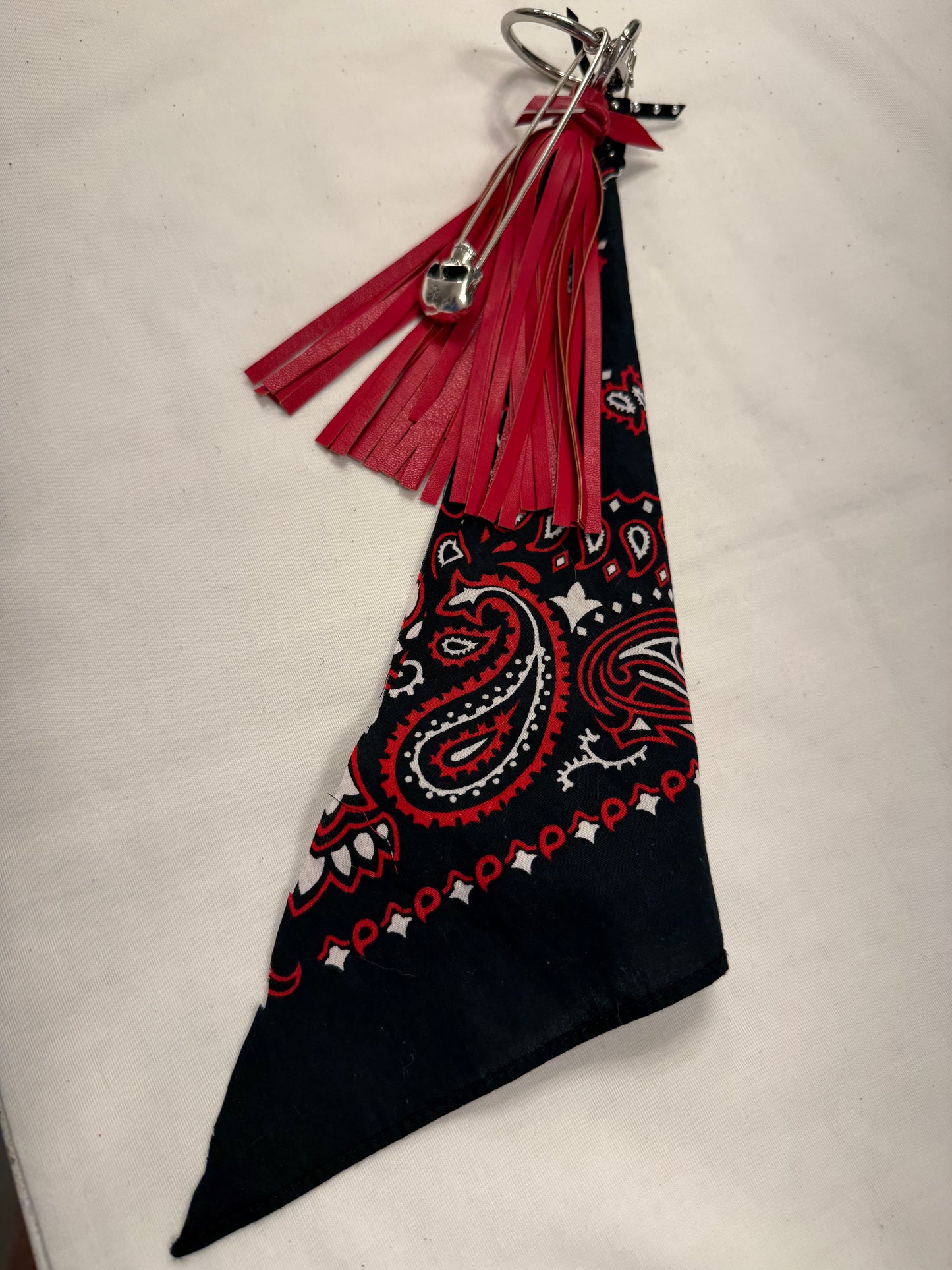 Red Tassel, Bandana, Skull Safety Pin Bag Charm Cluster
