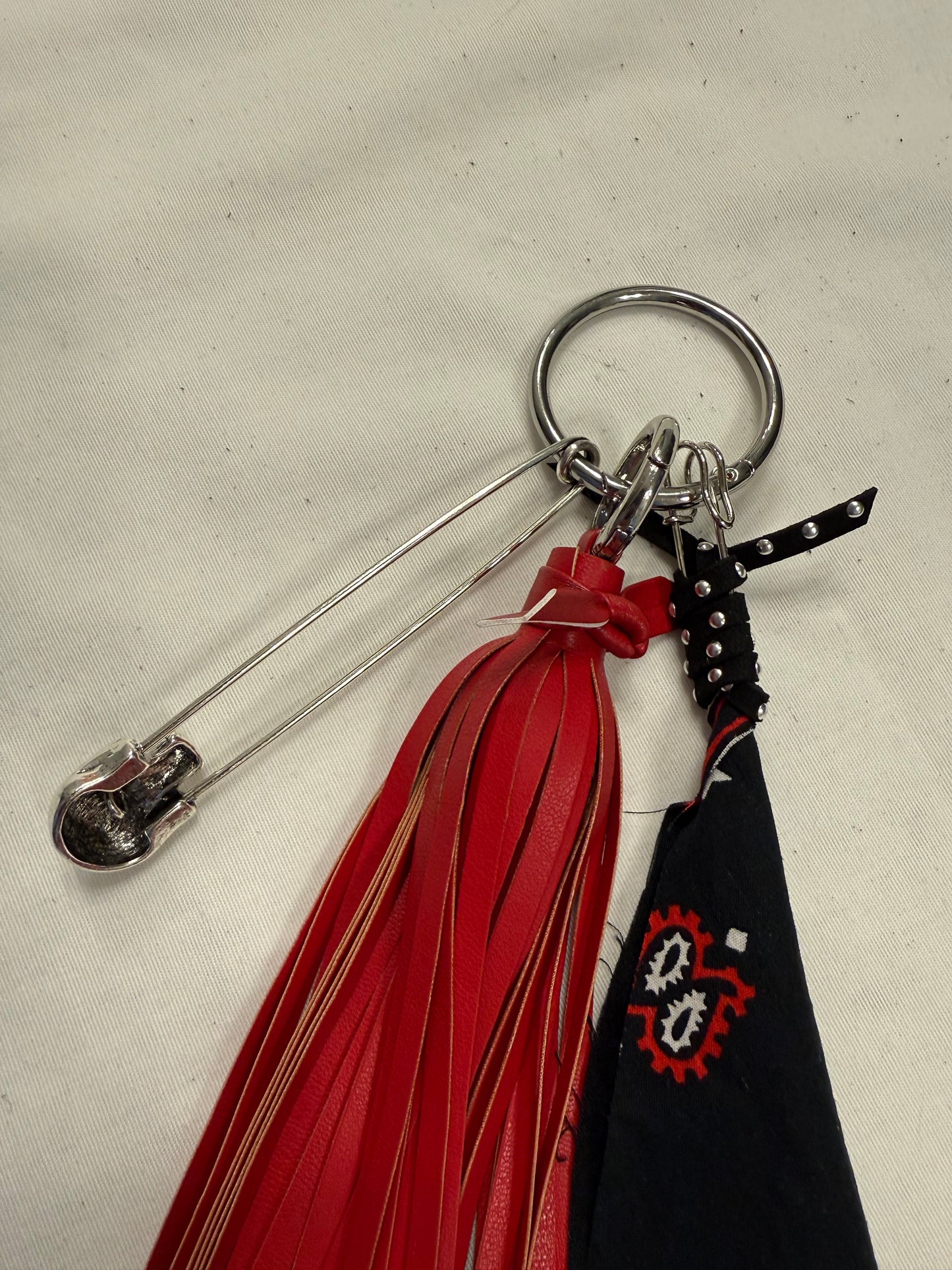 Red Tassel, Bandana, Skull Safety Pin Bag Charm Cluster