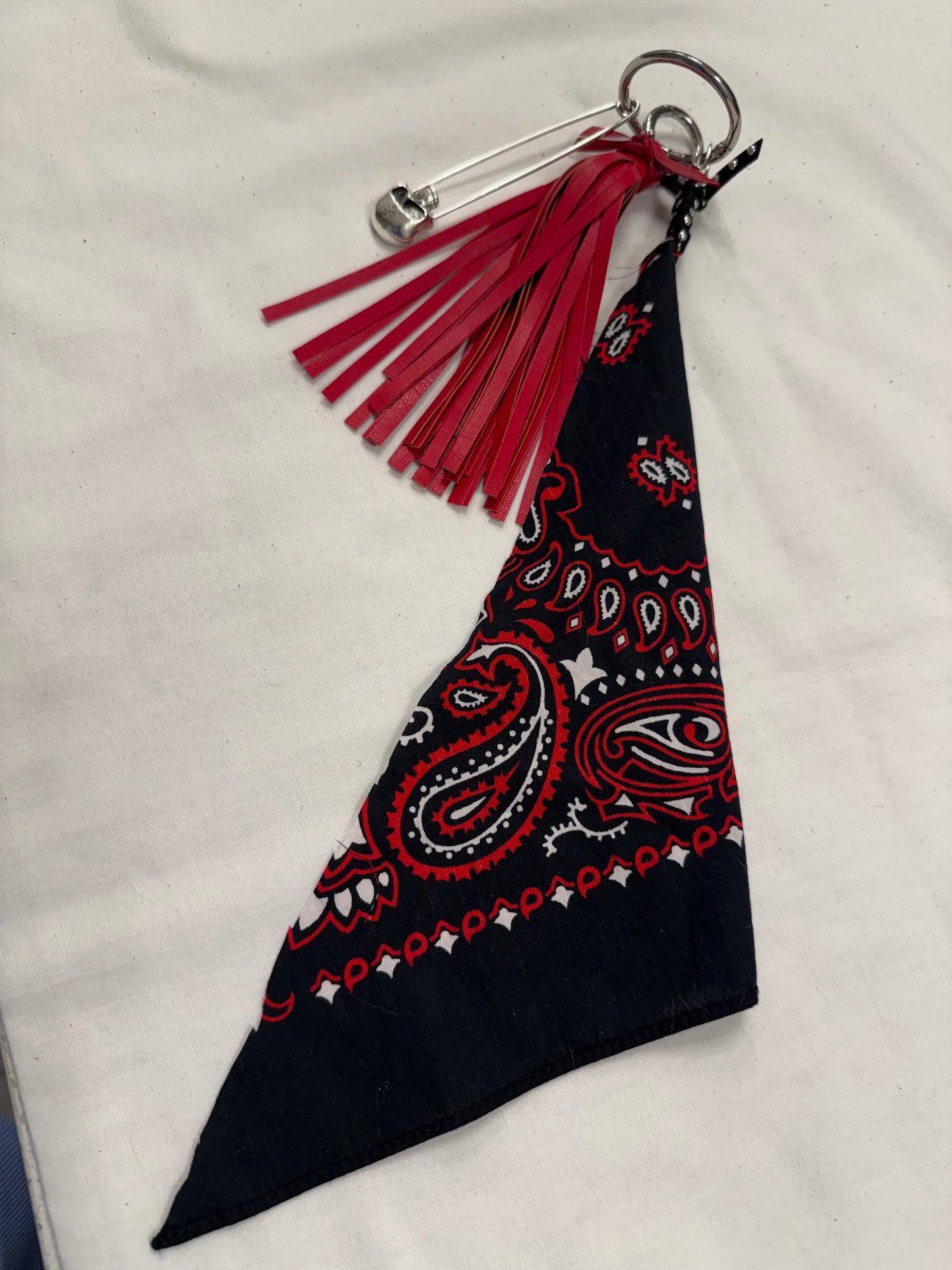 Red Tassel, Bandana, Skull Safety Pin Bag Charm Cluster
