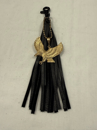 Handmade Black Pebbled Leather Tassel with Gold Tone Eagle Pendant