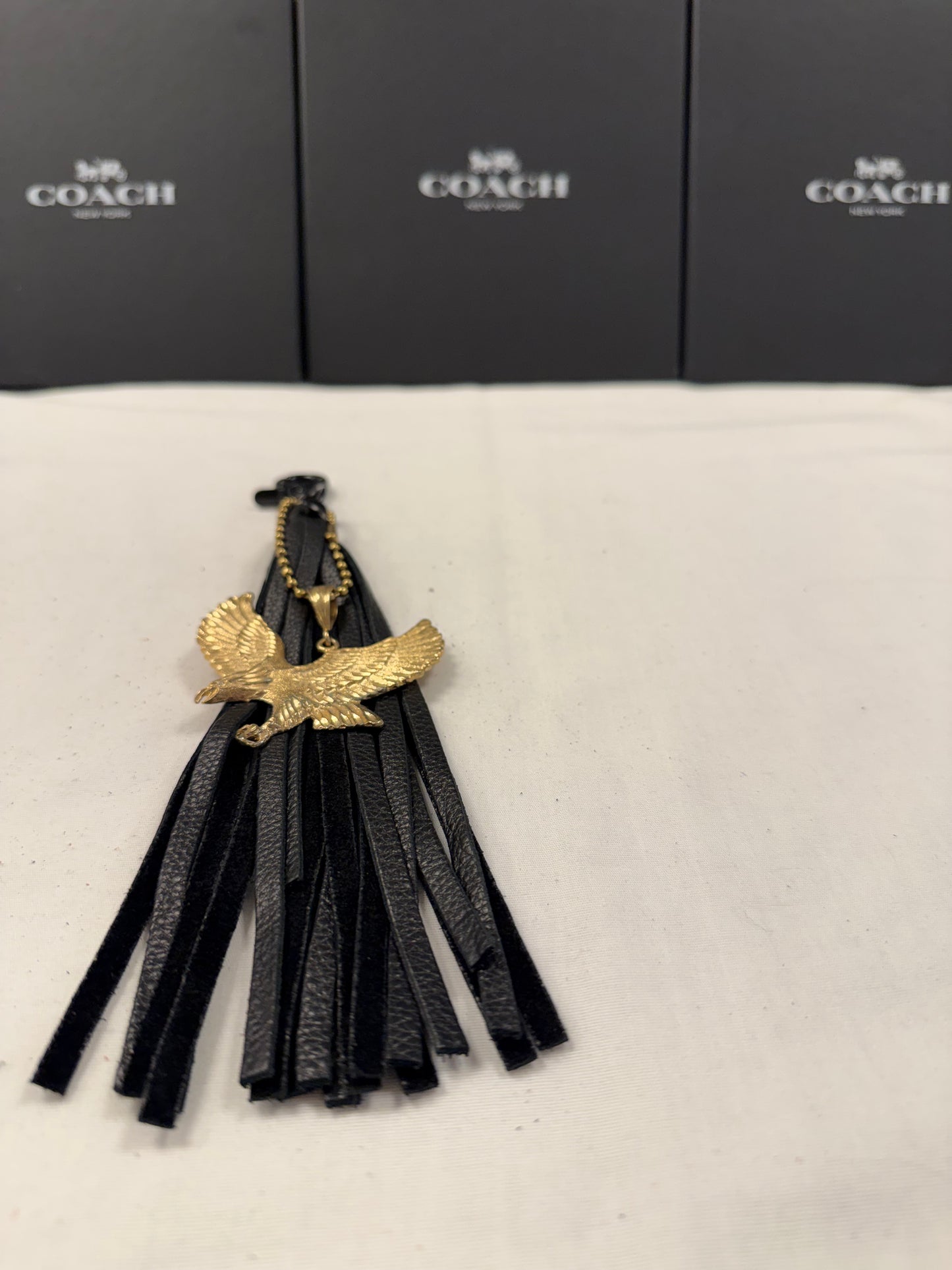 Handmade Black Pebbled Leather Tassel with Gold Tone Eagle Pendant