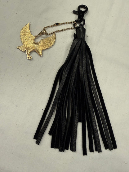 Handmade Black Pebbled Leather Tassel with Gold Tone Eagle Pendant