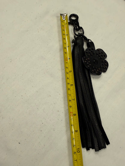 Black Pebbled Leather Tassel with Repurposed Coach Tea Rose
