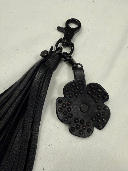 Black Pebbled Leather Tassel with Repurposed Coach Tea Rose