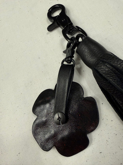 Black Pebbled Leather Tassel with Repurposed Coach Tea Rose