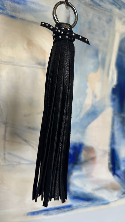 Upcrafted C Coach Charm in Silver-Tone with Leather Tassel and Riveted Suede Tie