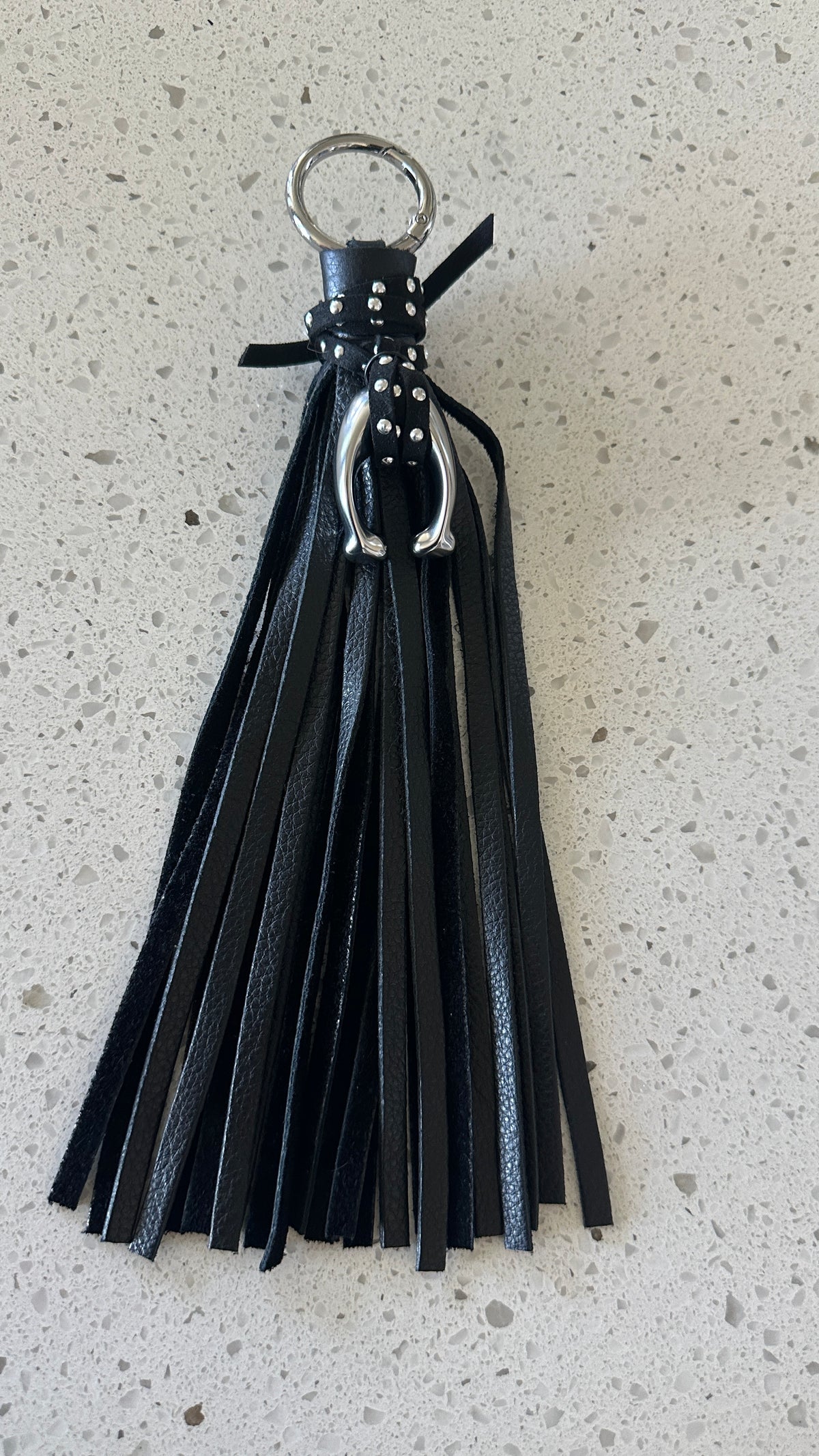Upcrafted C Coach Charm in Silver-Tone with Leather Tassel and Riveted Suede Tie