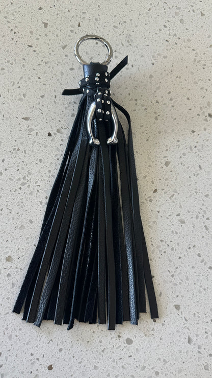Upcrafted C Coach Charm in Silver-Tone with Leather Tassel and Riveted Suede Tie