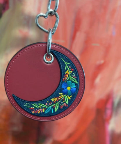 Repurposed Coach Leather Coaster Bag Charm - Red with Moon Embroidered Applique