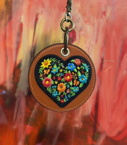 Repurposed Coach Leather Coaster Bag Charm -Orange with Heart Embroidered Applique
