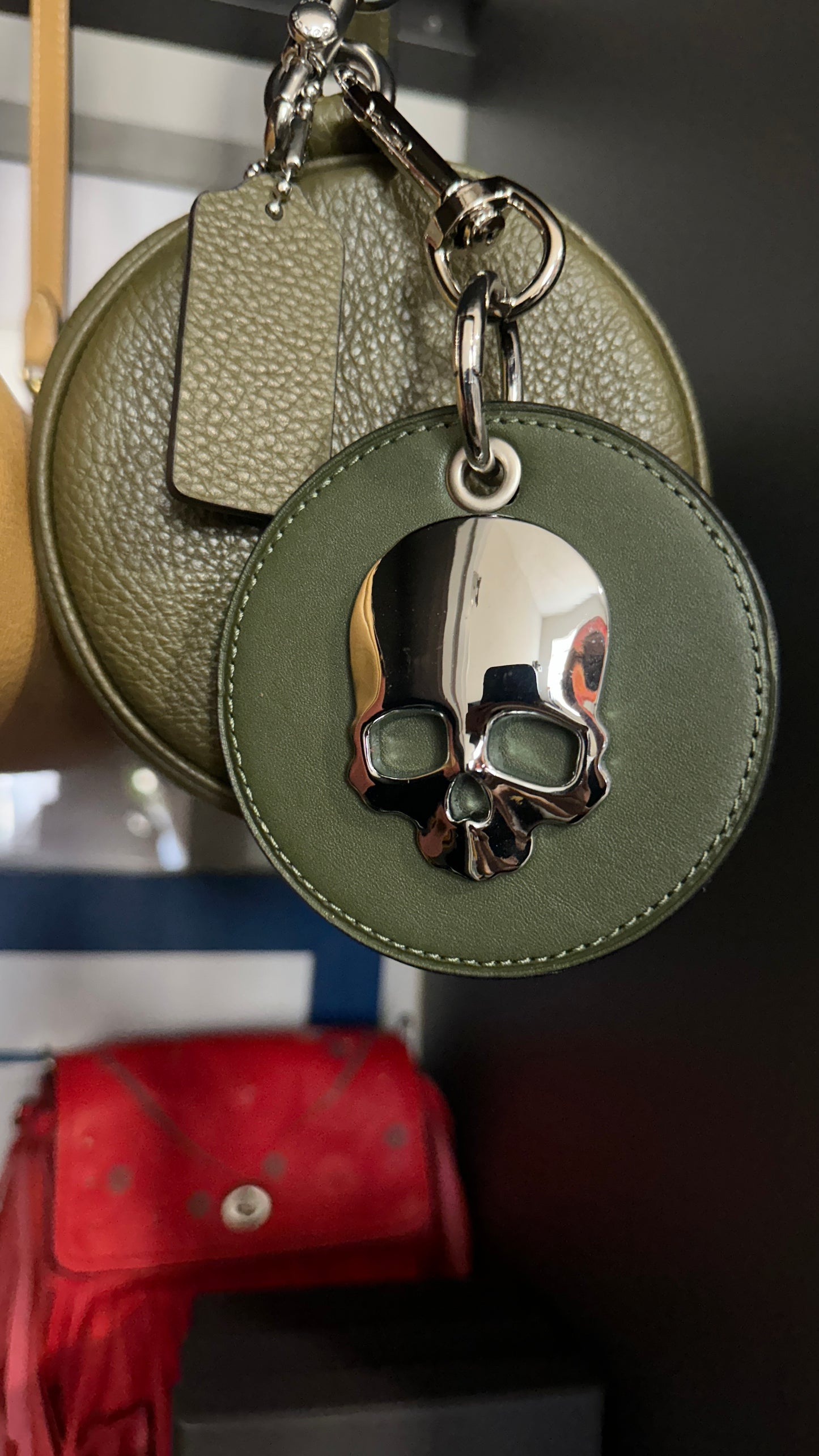 Repurposed Coach Coaster Bag Charm Olive Leather with Chrome Skull