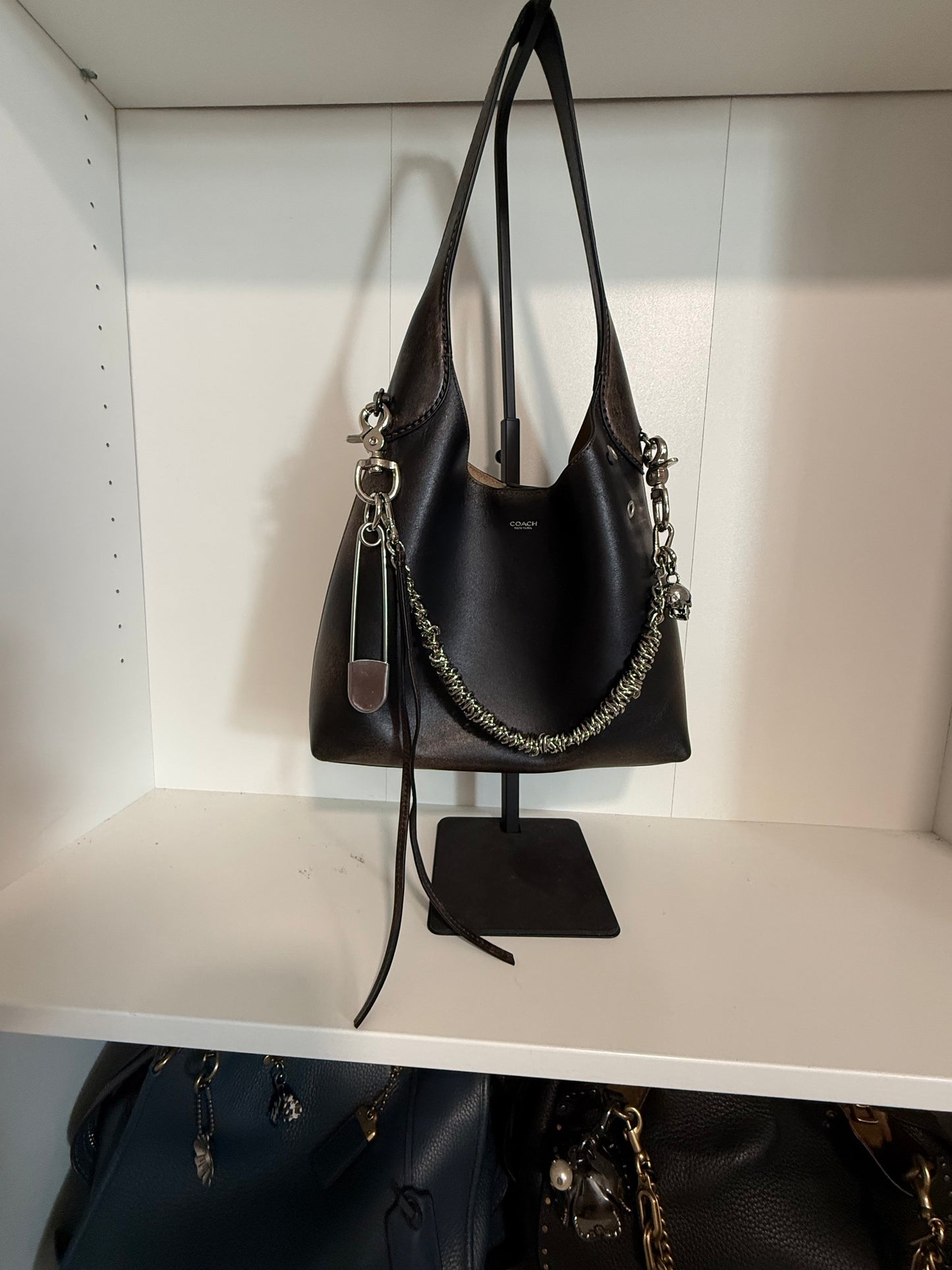 Silver-Tone Bag Chain with Repurposed Loewe Leather Cord/Tassel, XL Safety Pin, & Skull