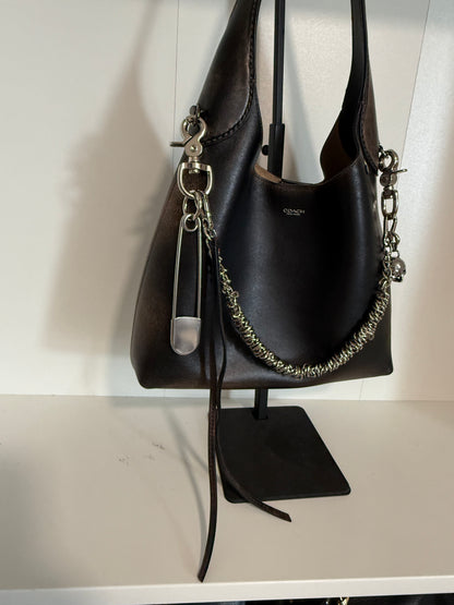 Silver-Tone Bag Chain with Repurposed Loewe Leather Cord/Tassel, XL Safety Pin, & Skull