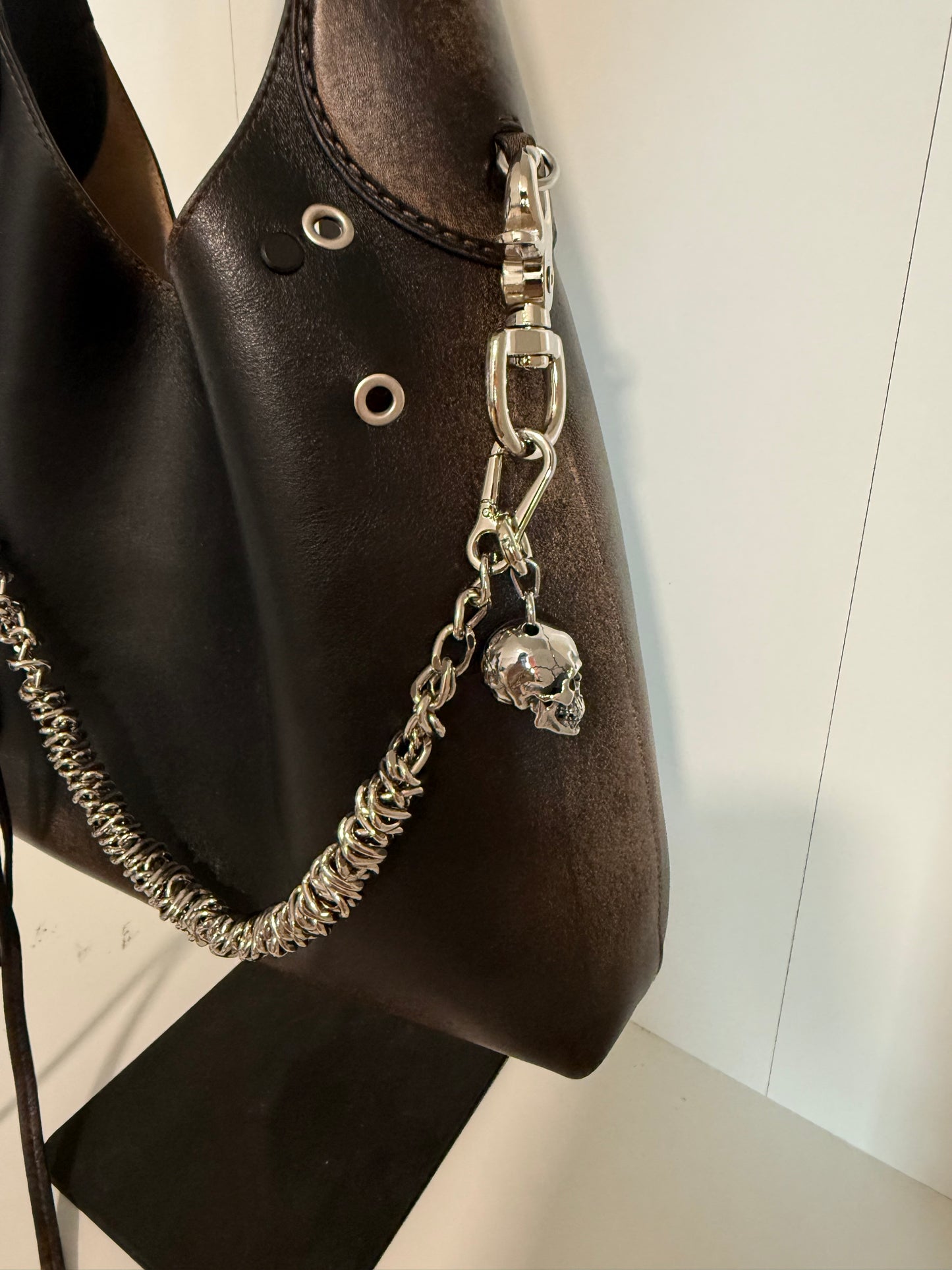 Silver-Tone Bag Chain with Repurposed Loewe Leather Cord/Tassel, XL Safety Pin, & Skull