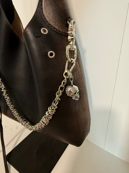 Silver-Tone Bag Chain with Repurposed Loewe Leather Cord/Tassel, XL Safety Pin, & Skull
