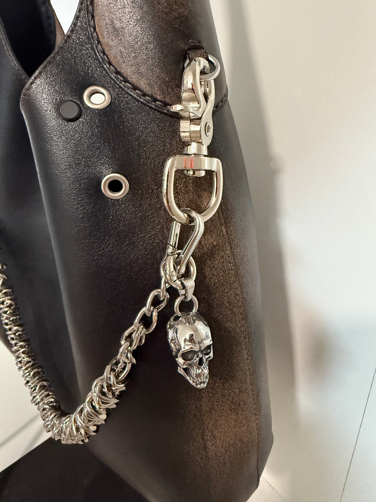Silver-Tone Bag Chain with Repurposed Loewe Leather Cord/Tassel, XL Safety Pin, & Skull