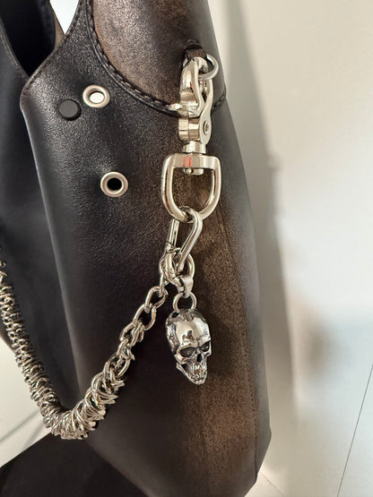 Silver-Tone Bag Chain with Repurposed Loewe Leather Cord/Tassel, XL Safety Pin, & Skull