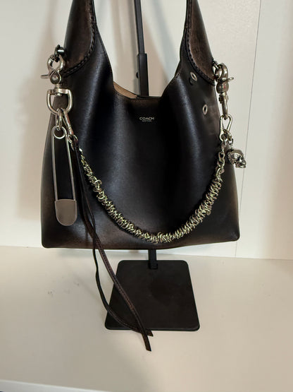 Silver-Tone Bag Chain with Repurposed Loewe Leather Cord/Tassel, XL Safety Pin, & Skull