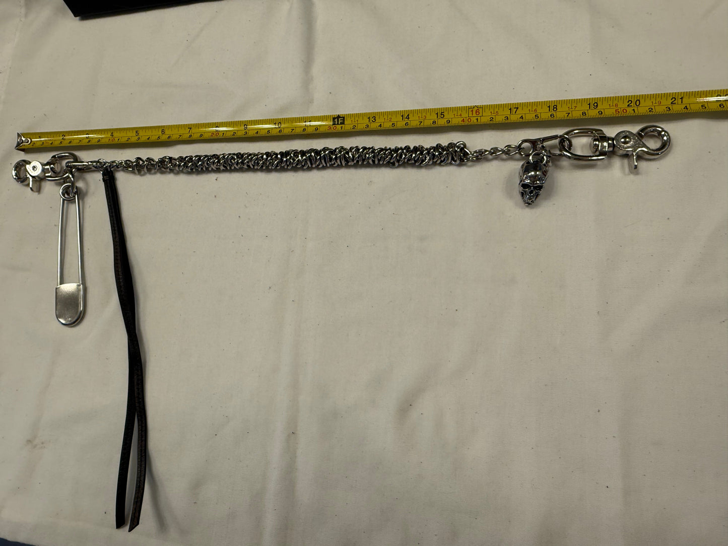 Silver-Tone Bag Chain with Repurposed Loewe Leather Cord/Tassel, XL Safety Pin, & Skull