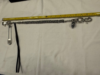 Silver-Tone Bag Chain with Repurposed Loewe Leather Cord/Tassel, XL Safety Pin, & Skull