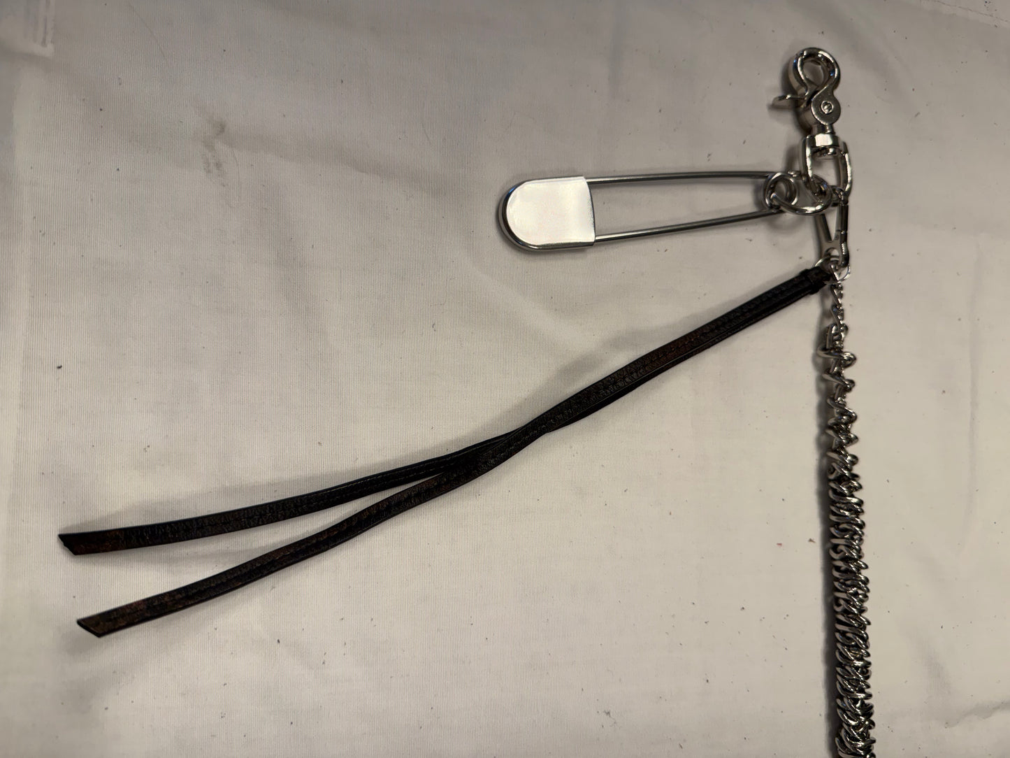 Silver-Tone Bag Chain with Repurposed Loewe Leather Cord/Tassel, XL Safety Pin, & Skull