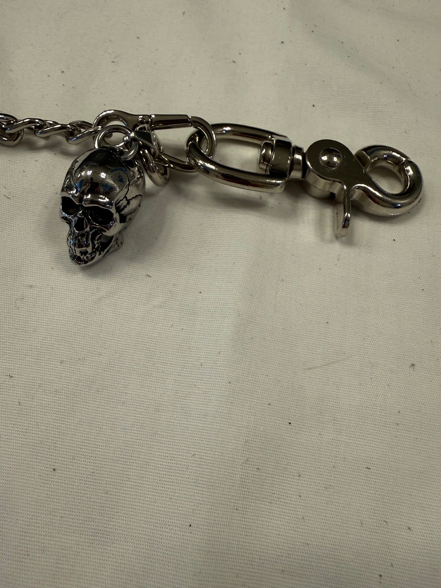 Silver-Tone Bag Chain with Repurposed Loewe Leather Cord/Tassel, XL Safety Pin, & Skull
