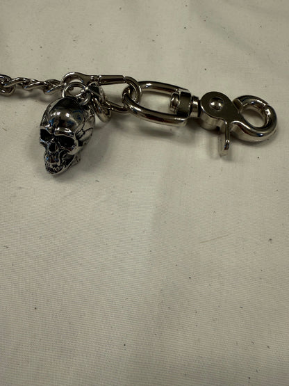 Silver-Tone Bag Chain with Repurposed Loewe Leather Cord/Tassel, XL Safety Pin, & Skull