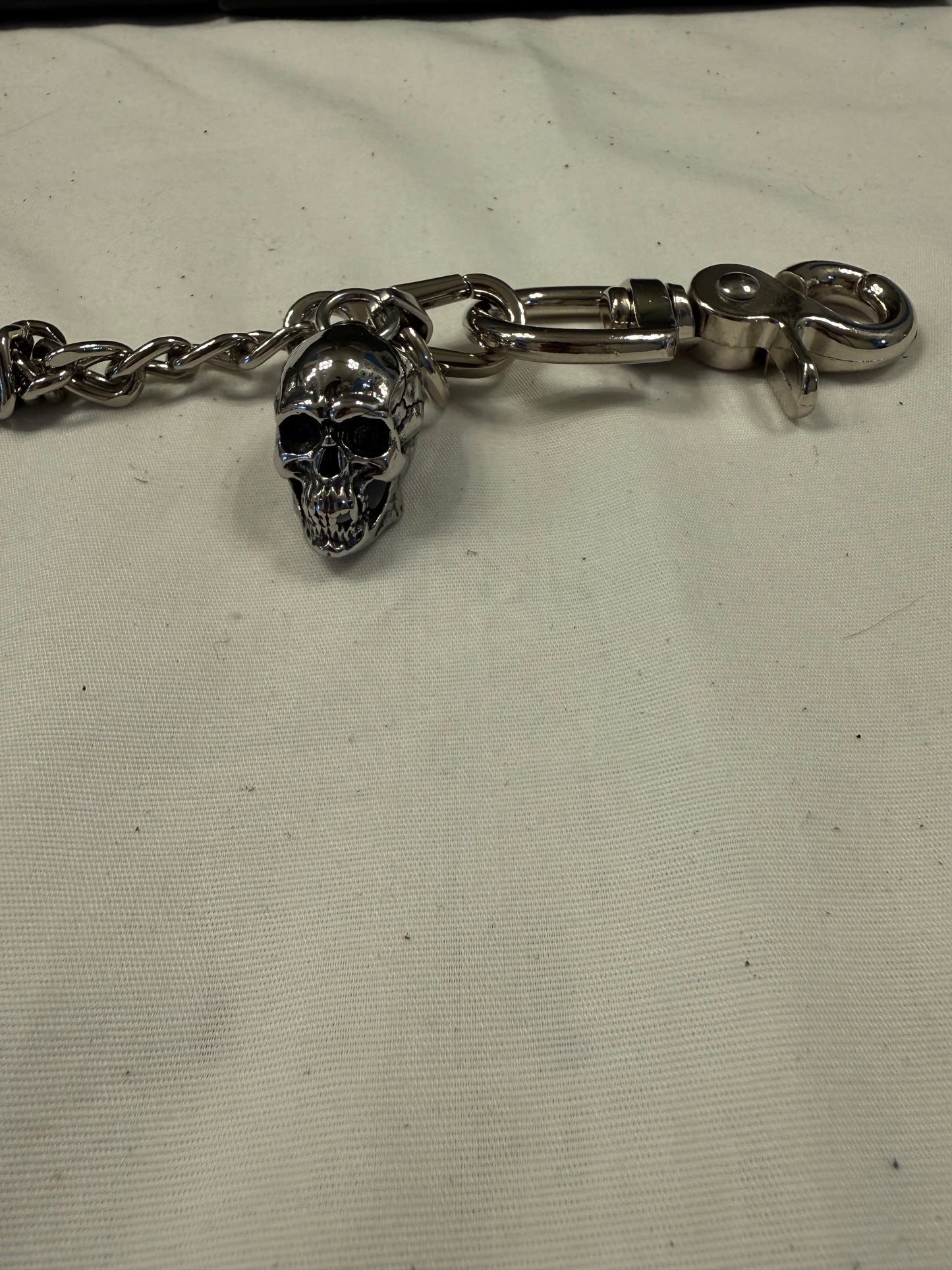 Silver-Tone Bag Chain with Repurposed Loewe Leather Cord/Tassel, XL Safety Pin, & Skull