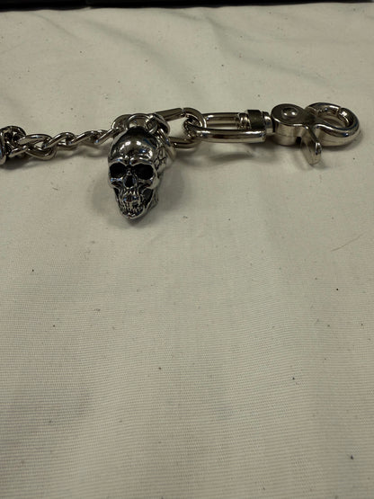 Silver-Tone Bag Chain with Repurposed Loewe Leather Cord/Tassel, XL Safety Pin, & Skull