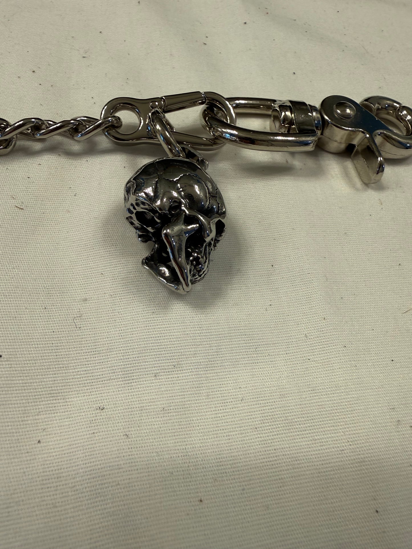 Silver-Tone Bag Chain with Repurposed Loewe Leather Cord/Tassel, XL Safety Pin, & Skull