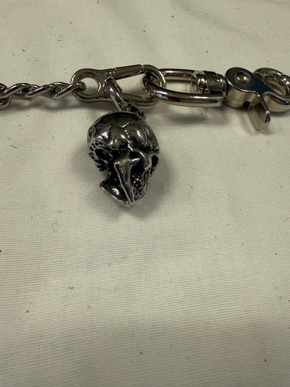 Silver-Tone Bag Chain with Repurposed Loewe Leather Cord/Tassel, XL Safety Pin, & Skull