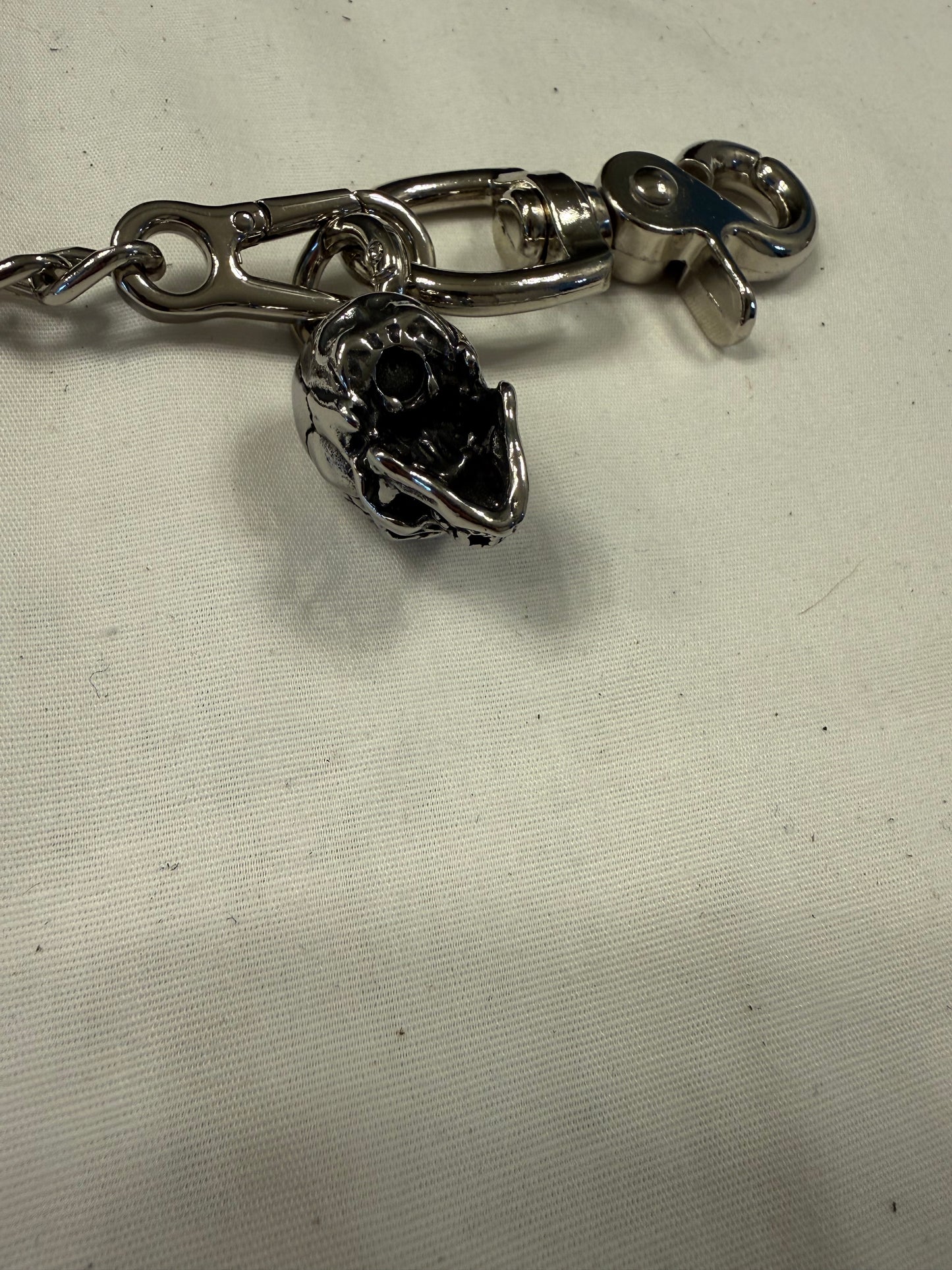 Silver-Tone Bag Chain with Repurposed Loewe Leather Cord/Tassel, XL Safety Pin, & Skull