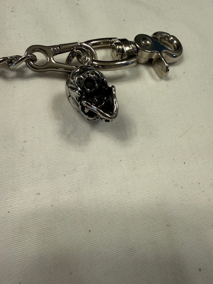 Silver-Tone Bag Chain with Repurposed Loewe Leather Cord/Tassel, XL Safety Pin, & Skull