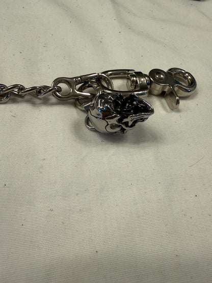 Silver-Tone Bag Chain with Repurposed Loewe Leather Cord/Tassel, XL Safety Pin, & Skull