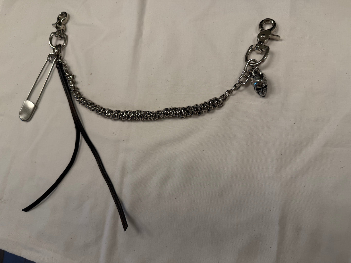 Silver-Tone Bag Chain with Repurposed Loewe Leather Cord/Tassel, XL Safety Pin, & Skull
