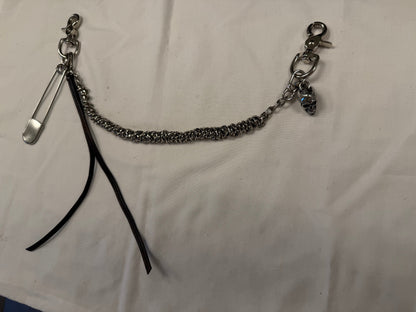 Silver-Tone Bag Chain with Repurposed Loewe Leather Cord/Tassel, XL Safety Pin, & Skull