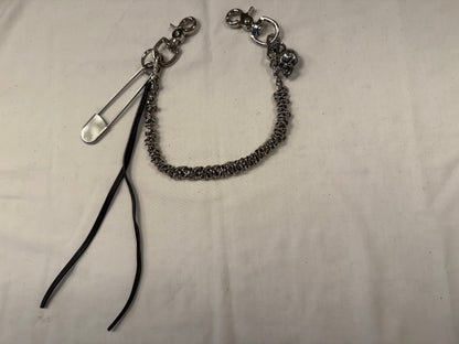 Silver-Tone Bag Chain with Repurposed Loewe Leather Cord/Tassel, XL Safety Pin, & Skull