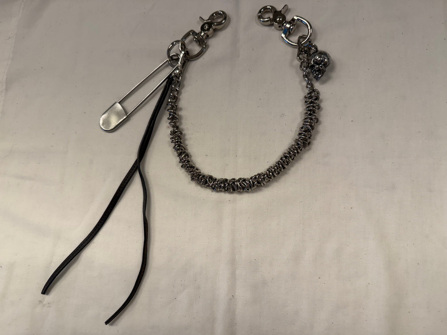 Silver-Tone Bag Chain with Repurposed Loewe Leather Cord/Tassel, XL Safety Pin, & Skull