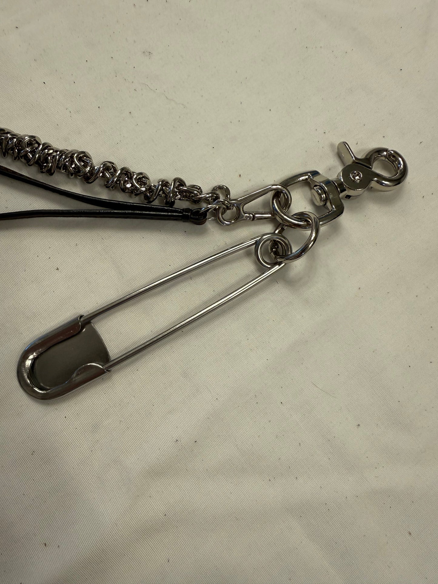 Silver-Tone Bag Chain with Repurposed Loewe Leather Cord/Tassel, XL Safety Pin, & Skull