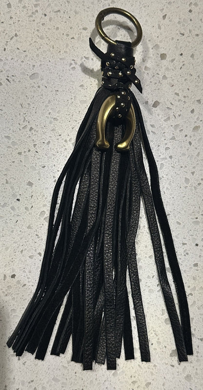 Upcrafted C Coach Charm from Tic Tac Toe set in Brass/Gold-Tone with Leather Tassel and Riveted Suede Tie