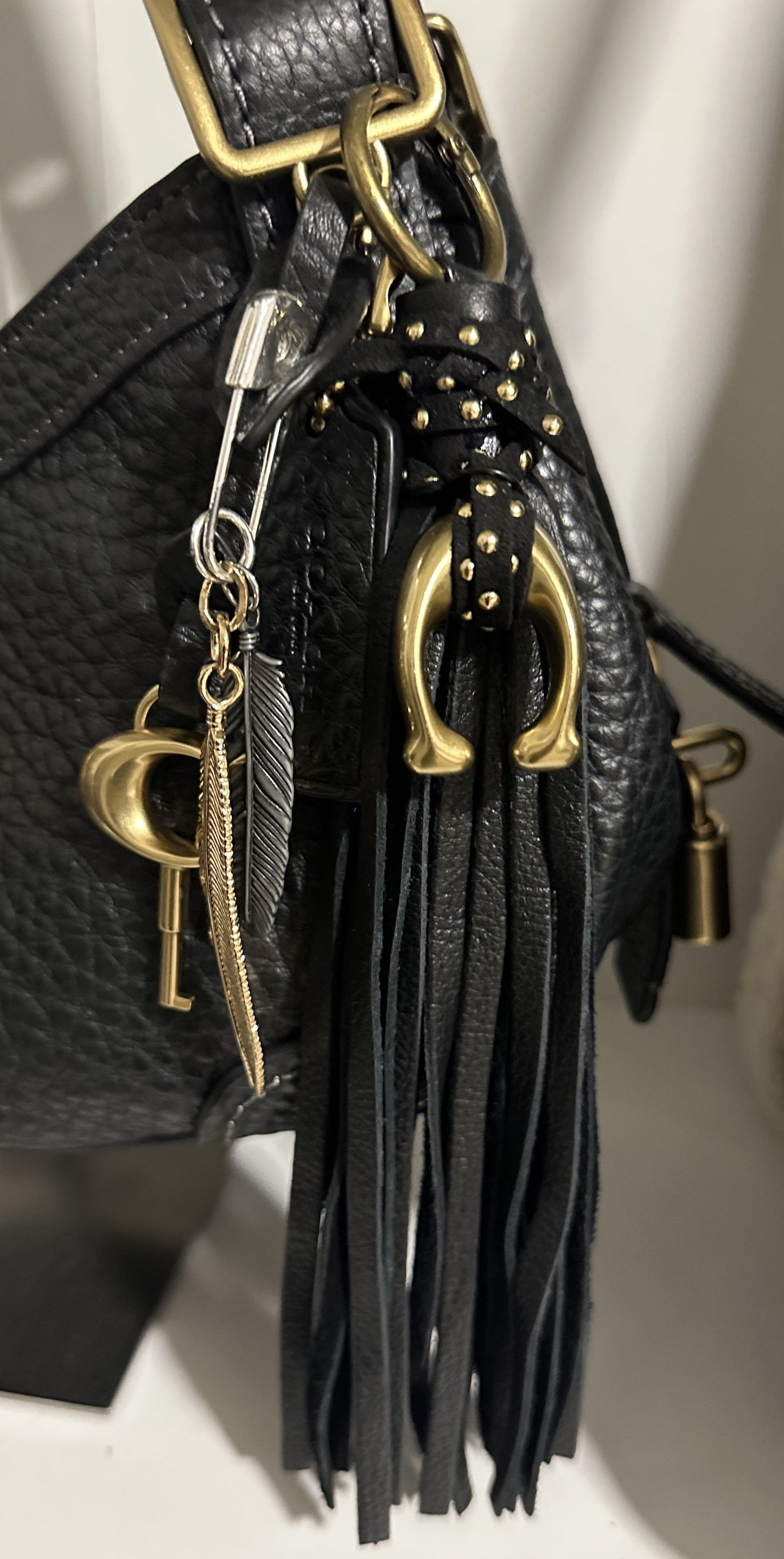 Upcrafted C Coach Charm from Tic Tac Toe set in Brass/Gold-Tone with Leather Tassel and Riveted Suede Tie